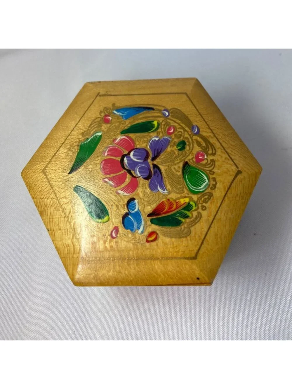 Vintage Polygon Shaped Wooden Trinket Box Painted Lacquer Floral Folk Art  1970s